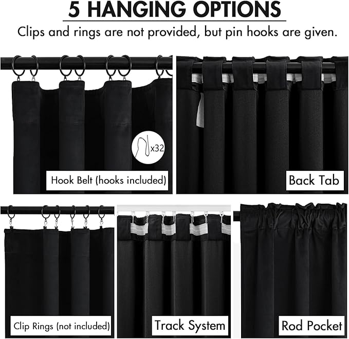 MIULEE Velvet Curtains 50W x 108L 2 Panels Black Blackout Curtains | Luxury velvet fabric, pinch pleat design, back tab hooks, thermal insulated, blackout light blocking, for living room bedroom