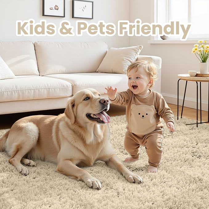 5x7 Fluffy Shag Area Rugs for Living Room Bedroom: Soft Plush Carpet Beige | Upgraded Non-Slip Thick Memory Foam, Ultra Soft, Non-Shedding Fuzzy Carpet, Easy Clean Decor for Kids Room, Nursery, Playroom
