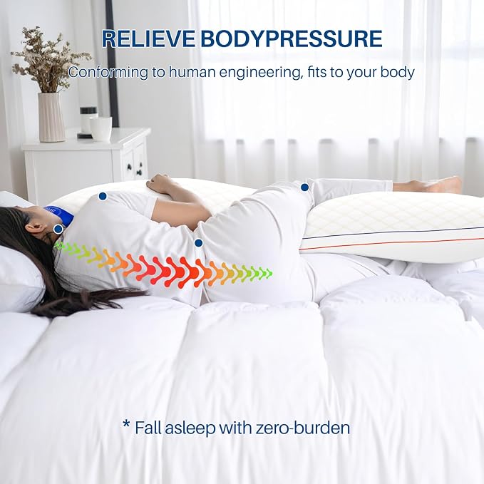 YZ HOME Long Body Pillow for Adults - Insert with Shredded Blue Memory Foam | Firm Body Pillow, Adjustable Height, Soft Support for Side Sleeping, Pregnant Women, Washable (20x54 Inch, White)