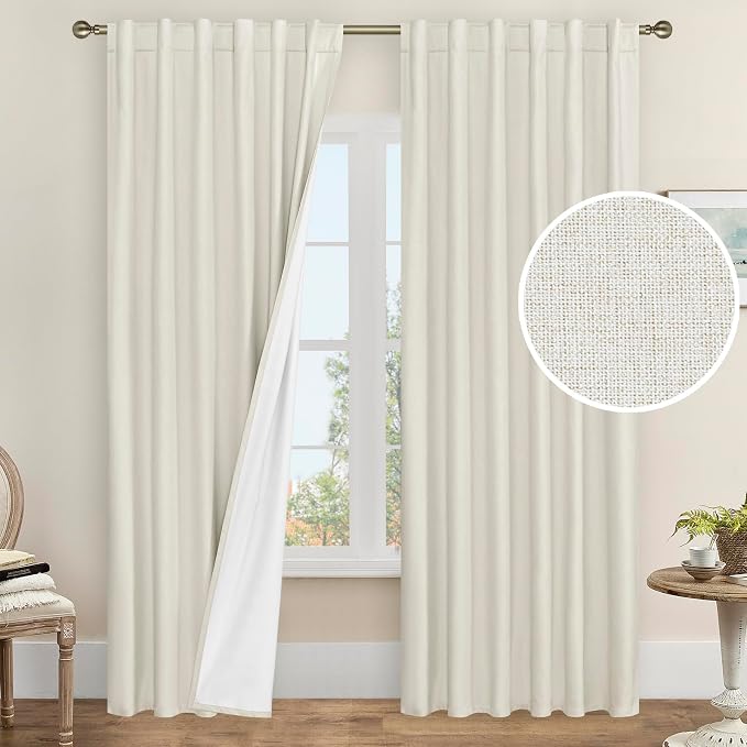 Linen Blackout Curtains for Bedroom 90 Inch with White Liner, Ivory | Thermal Insulated Living Room Curtains, Privacy, Farmhouse Neutral Panels, Rod Pocket Back Tab, 2 Panels, 52 x 90 Inch