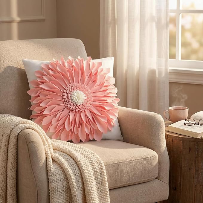 OiseauVoler 3D Sunflower Handmade Throw Pillow Covers Decorative Pink Pillowcases for Couch Girls Bed Living Room Home Decor 18x18 Inches
