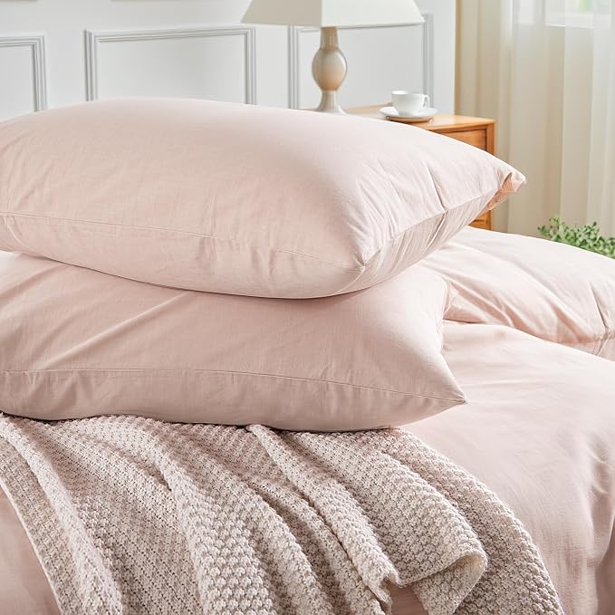 NEXHOME PRO Duvet Cover Set 100% Washed Cotton Full Size Linen Feel Textured Organic Natural 3 Pieces Bedding Set Greyish Light Pink with Zipper Closure and Corner Ties, Breathable(No Comforter)