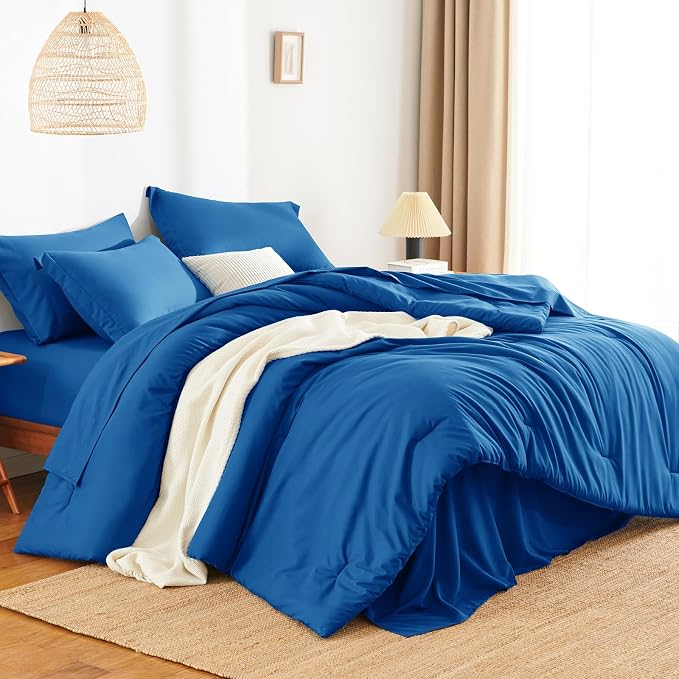 HIMEET Queen Comforter Set, 7-Piece Point-Quilted Bed in a Bag Classic Blue | OEKO-TEX Certified, Lightweight 240 GSM Comforter, Flat Sheet, 14-Inch Deep-Pocket Fitted Sheet, Pillowcases & Shams