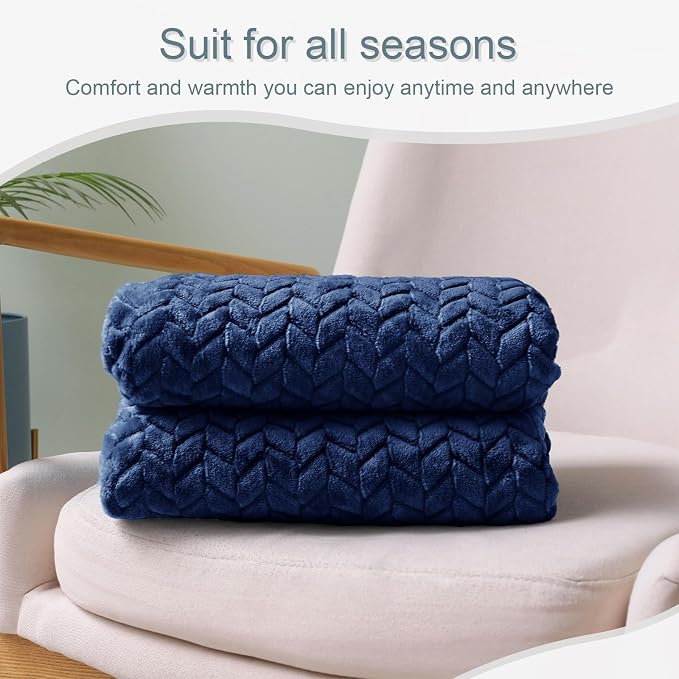 Exclusivo Mezcla Fleece Throw Blanket for Couch Sofa, 50”x70”, Navy Blue | Oversized Soft Cozy Fluffy Blankets for Summer, Decorative Plush Flannel Throws for Living Room, Bedroom with Leaves Pattern