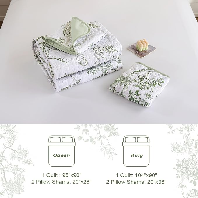 WONGS BEDDING Floral Quilt Set King, 3 Pcs Sage Green Bedspreads Coverlets | Spring Summer Floral Farmhouse Bedspread with 2 Shams,Soft Microfiber Lightweight Coverlet for All Season 110"×90"