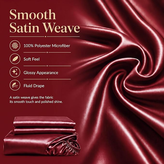 CozyLux Satin Sheets King, 6-Piece 14-Inch Deep Pocket Sheet Set | OEKO-TEX Certified Silky Soft Sheet Set for Hair & Skin, Luxurious Silky-Smooth Satin for Elegant Bedroom Decor, Burgundy