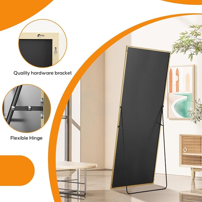 21"x64" Mirror Full Length, Upgraded Body Wall Mirrors | Shatter-Proof Glass, Floor Standing, Hanging or Leaning, Tall Mirror with Stand Aluminum Alloy Frame for Bedroom, Gold