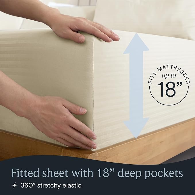 LuxClub 4 PC Queen Size Sheet Set, Breathable Luxury Bed Sheets, Deep Pockets 18" Wrinkle Free Cooling Machine Washable Hotel Bedding (Striped Cream) | LuxClub Silky Fitted Sheet & Pillowcase Sets, Breathable Hotel Luxury Bedding for Mattress Wrinkle F...