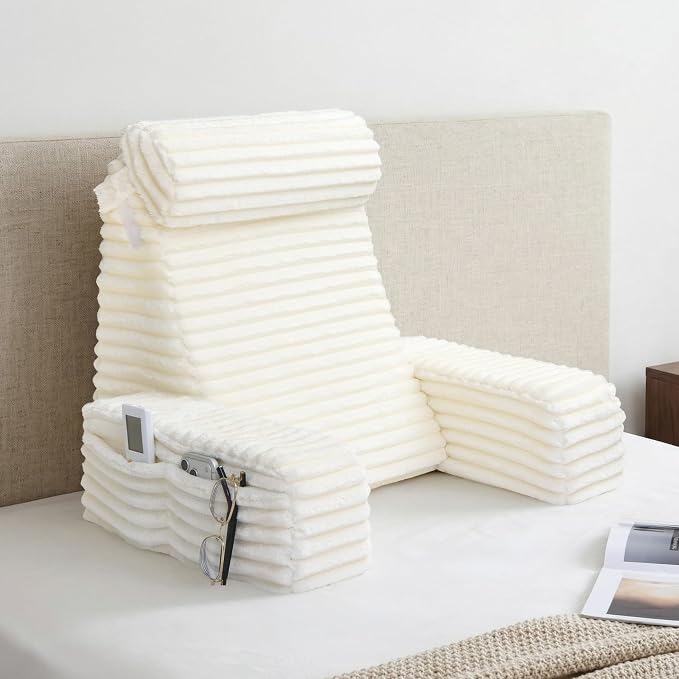 ENITYA 19" Large Back Pillow for Bed Sitting Up with Armrests & Big Pockets | Reading Pillow for Sitting in Bed Adult, Back Support Wedge for Reading/Resting/Post Surgery/Watching TV/Gaming,Ivory