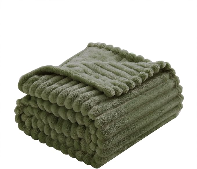 Olive Green Fleece Throw Blanket 50”×60” for Couch Sofa Livingroom | Super Soft Cozy Plush Microfiber Flannel Bed Blanket Striped Design Lightweight Home Decor Gifts for Adults Mom Women