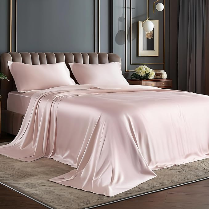 BEDELITE Satin Sheets California King Size Bed Set, Pink, 4 Pieces | Luxury Silky Bed Sheets, 15 Inch Deep Pocket, Similar to Silk, Soft and Cooling, Reduces Friction, Gentle on Hair and Skin