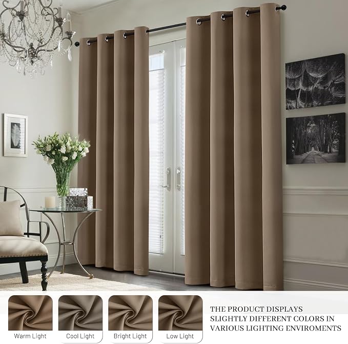 Yakamok Khaki Blackout Curtains 63 Inches Long for Bedroom 50" Wide 2 Panel | Blackout Curtain Panels for Bedroom, 2 Thick Layers Grommet Top Thermal Insulated Drapes with White Back for Living Room