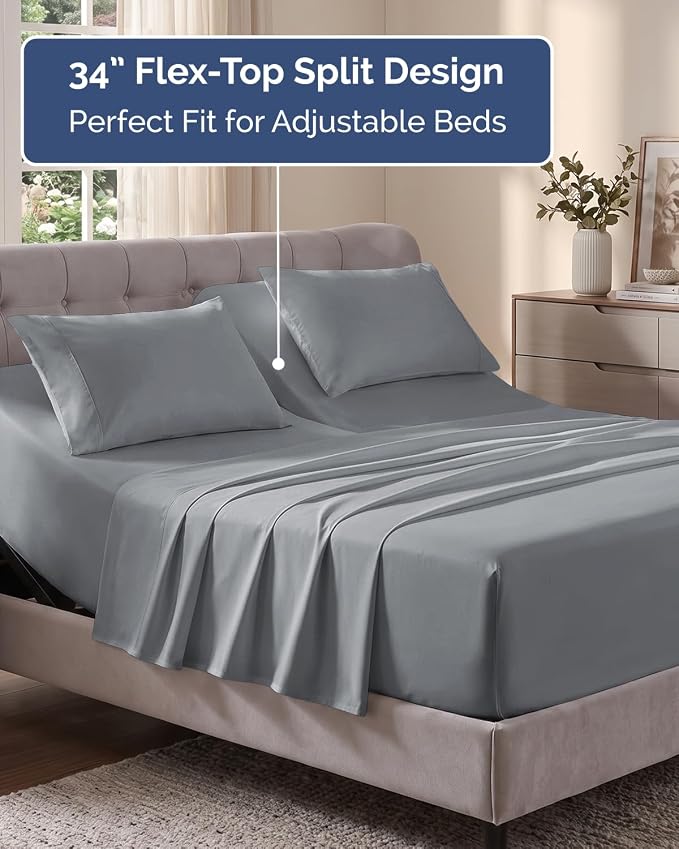 Flex Top Split Head King Sheet Set - 4 Piece Extra Deep Sheets - Steel Blue | Easily Fits 18 to 24 inch Mattress, Ultra Soft, Wrinkle & Fade Free with Extra Deep Pockets, Comfy Hotel Luxury Bedding