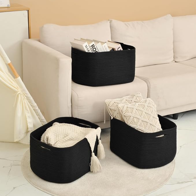 ICERZCZ Large Storage Baskets for Organizing Shelves, Woven Cotton Rope Bins for Baby Nursery Organization, Book Toy Towel Organizer, 17"x13"x9.5", 3 Packs, Black