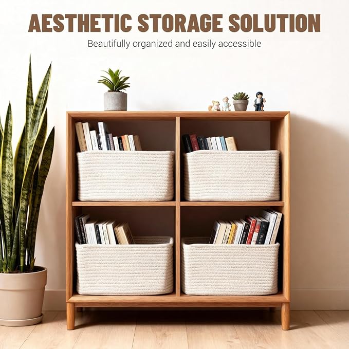 5 Pack Woven Storage Baskets, Decorative Storage Bins for Organizing | 13.8'' × 9.8'' × 7.9'', Soft Cotton Rope Basket Organizer for Closet, Shelves, bathroom, Nursery, Toys, Books, Pantry, White