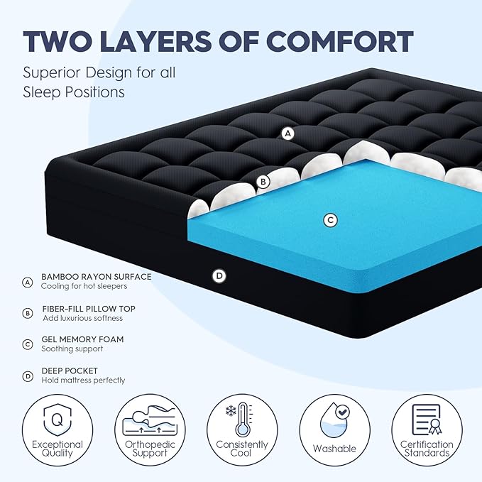 ELEMUSE 3 Inch Twin Dual Layer Memory Foam Mattress Topper with Pillowtop | 2 Inch Cooling Gel Foam,1 Inch Soft Pillowtop Pad, Pressure Relief Bed Topper, Comfortable Support