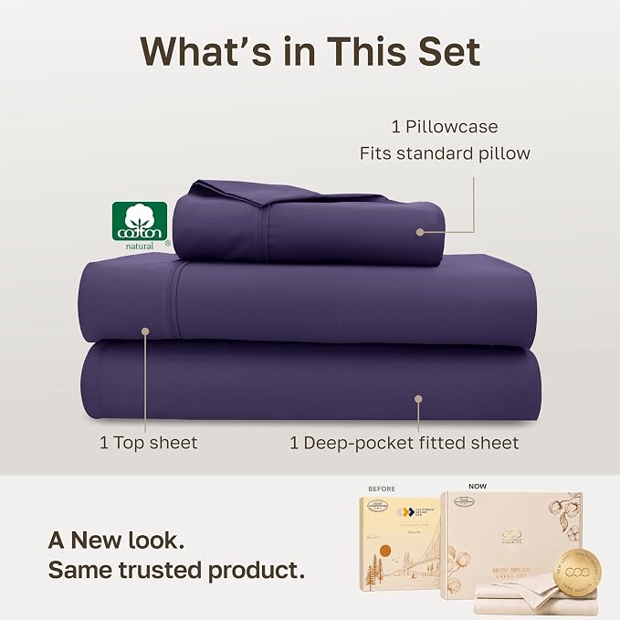 California Design Den Soft 100% Cotton Sateen Twin XL Sheets Set, 3 Pcs | 400 Thread Count Backed by Good Housekeeping Seal, All-Around Elastic, Durable, Easy Care, OEKO-TEX certified - Purple