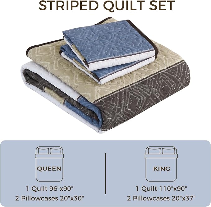 Cottolester Quilts Queen Size,Brown Blue Striped Bedspread Coverlet Set | Modern Striped plaid Pattern Design,Ultra Soft Lightweight Microfiber Quilted Bedding Sets for All Seasons 110"x90"