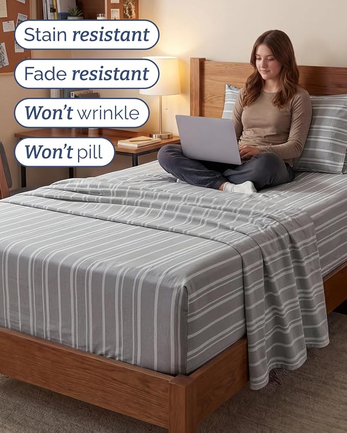 Extra Deep Twin XL Sheet Set - 3 Piece College Dorm Room - Grey Stripes | Soft, Breathable & Cooling, Easily Fits 18 to 24 inch Mattress, Wrinkle Free & Fade Resistant with Extra Deep Pockets