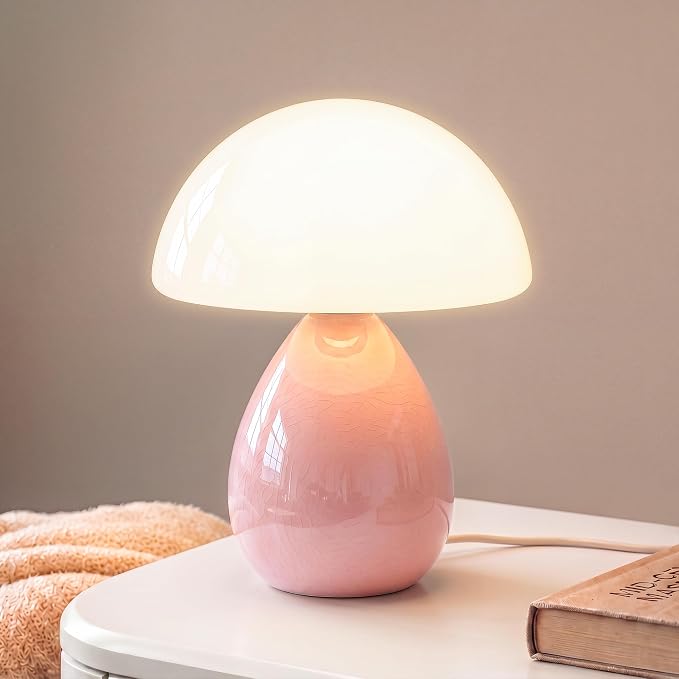 Mushroom Lamp Table Lamp for Bedroom-Small Desk Table Lamps,Pink | Ice Crackle 10.08" Mid Century Modern Table Lamps for Living Room Bedroom Decor,Ceramic Lamps for Home Room Decor,Glass Shade