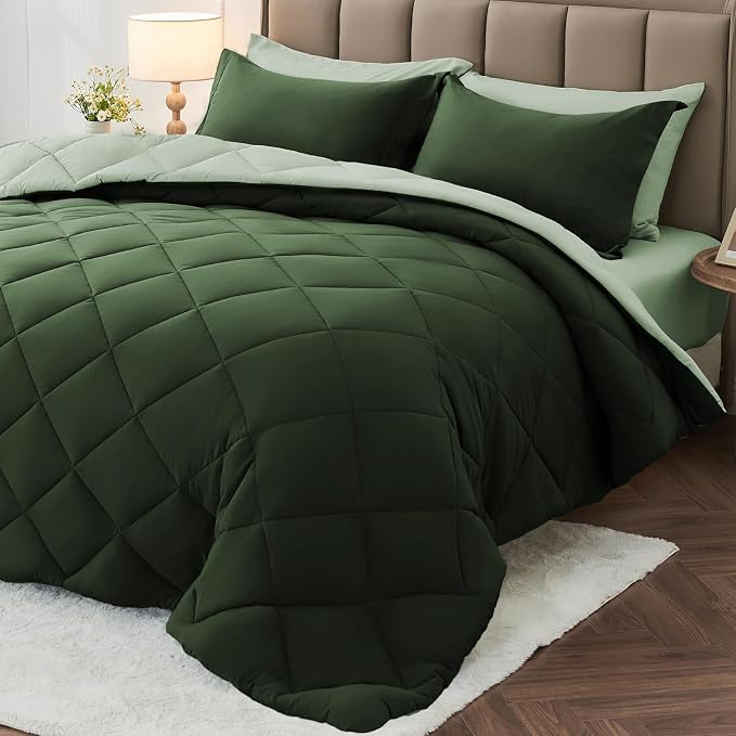 5 Pieces Twin Comforter Set, Reversible Bed in a Bag Twin Size, All Season Bedding Set with Comforter, Flat Sheet, Fitted Sheet, Pillowcases & Shams, Dark Green & Light Green