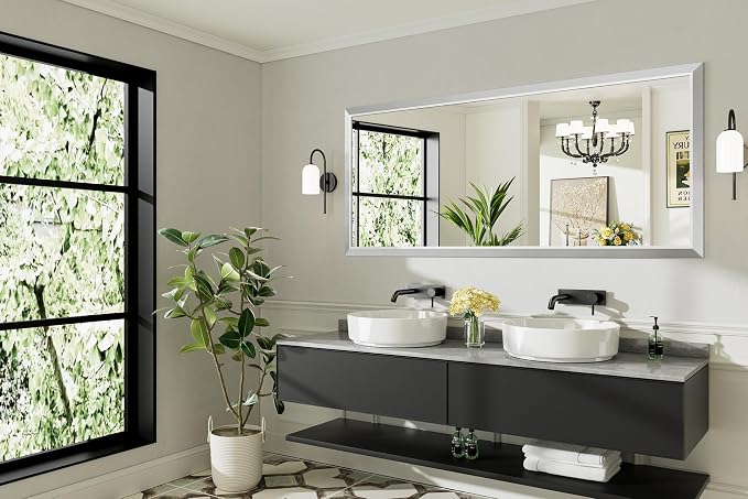 Bathroom Wall Mirror, Silver Brushed Nickel Metal Frame, 72x32 Inch | Anti-rust, HD tempered glass, for bathroom vanity, bedroom, living room, horizontal or vertical mount