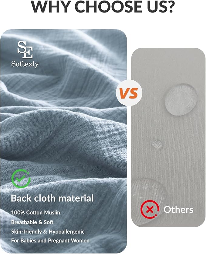 SE SOFTEXLY Muslin Duvet Cover King Size, 100% Washed Cotton Duvet Cover Set, Ultra Soft Comforter Cover Linen Like, 3 Pieces Minimalist Gauze Duvet Cover with 2 Pillowcases, 90"x104", Blue