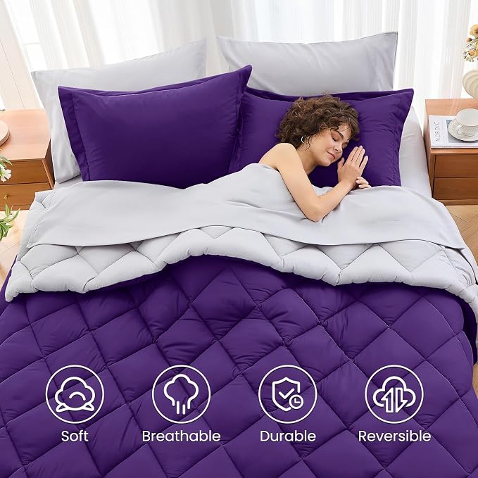 7 Pieces California King Comforter Set, Reversible Bed in a Bag Cal King Size, All Season Bedding Set with Comforter, Flat Sheet, Fitted Sheet, Pillowcases & Shams, Purple & Lavender