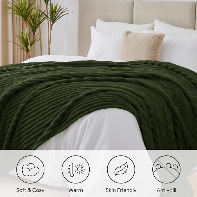 BEDELITE Ribbed Full Size Blanket for Bed, Olive Green, 84"x90" | Ultra-Soft Plush Fleece, Warm Yet Lightweight, Ribbed Texture, Home Decor, Machine Washable, Giftable, All-Season Use
