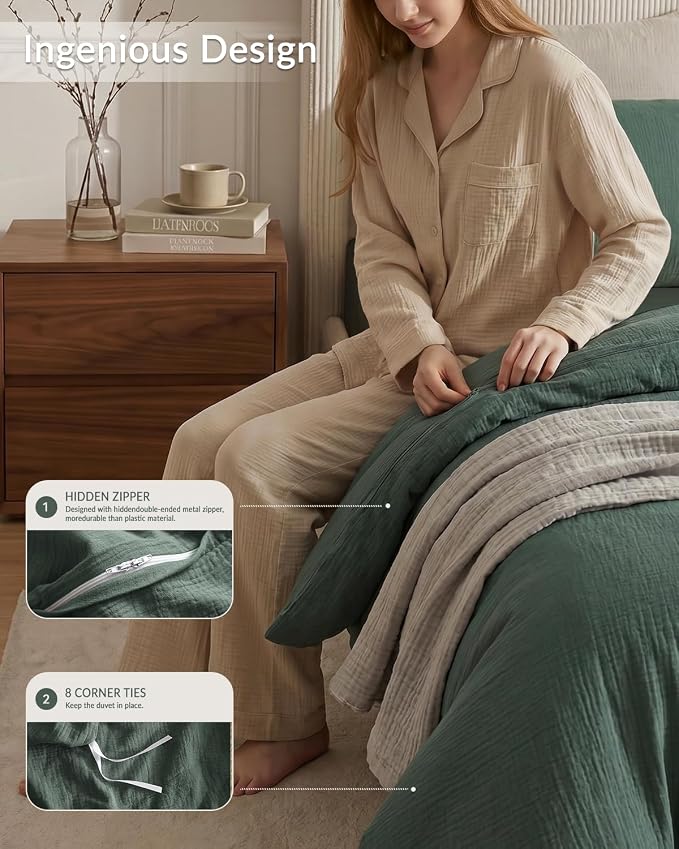 SE SOFTEXLY Muslin Duvet Cover California King Size, 100% Washed Cotton Duvet Cover Set, Ultra Soft Comforter Cover Linen Like, 3 Pieces Gauze Duvet Cover with 2 Pillowcases, 98"x104", Forest Green