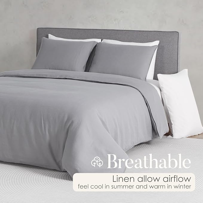 DAPU 100% French Linen Duvet Cover 3Pcs Set, 170GSM Linen Bedding, King | Soft Breathable All-Season for Hot sleepers, Corner Ties & Zipper Closure, French Linen Flax from Normandy, Earl Gray