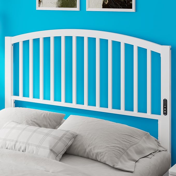 Weehom Metal Full Headboard Only with LED Lights and USB, White | Freestanding full size headboard; adjustable height; USB charging station; modern bedroom design