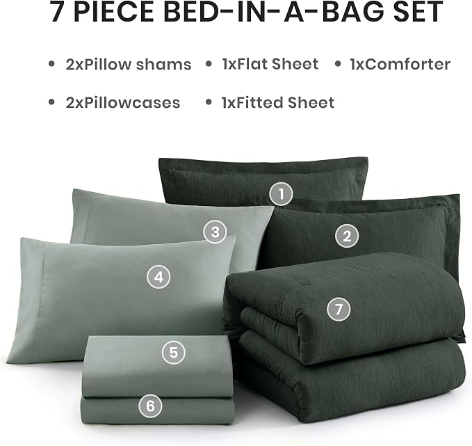 Monbix Super King Comforter Set Deep Forest 7 Pieces Bed in a Bag | Cationic Dyeing Reversible All Season Bedding Sets with Comforter, Sheets, Pillowcases & Shams