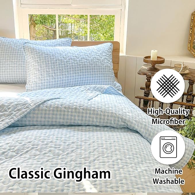 NSNLGSGC Light Blue Gingham Queen Summer Bedspread Quilt Set | Pre-washed Microfiber,Lightweight Checked Grid Bedding Coverlets for All Seasons