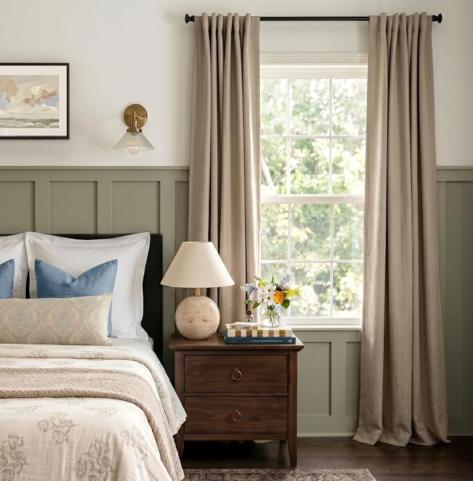 INOVADAY 100% Blackout Curtains for Bedroom Black Out Curtains 84 Inch Long | Taupe Curtains for Living Room 2 Panels, Clip Rings Linen Look Blackout Drapes, Thermal Insulated Room Darkening,W50xL84