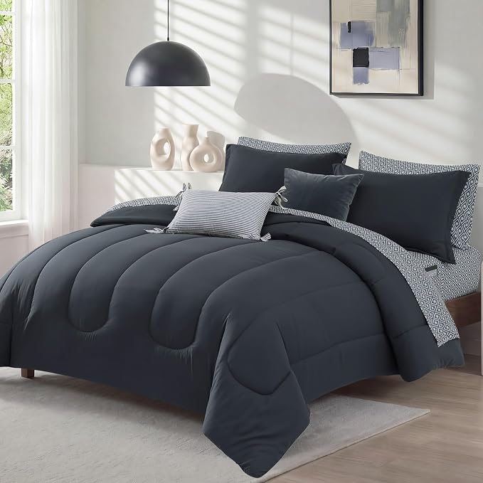 Monbix King Size Comforter Set, 7 Pieces Soft Bed in a Bag King Bedding Set | All Season Blue Grey Track Stitching Comforter Bed Set with Printed Sheets, Pillowcases & Shams