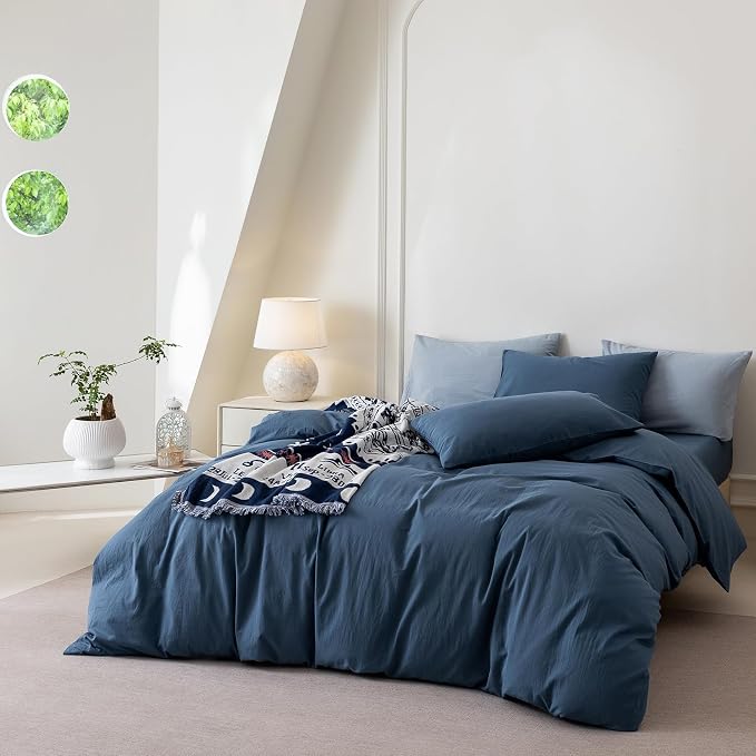 BDEAR 3Pcs Gray Blue Duvet Cover Set Queen Size 90" L x 90" W, Oeko TEX | 100% Washed Cotton, 1 Duvet Cover with 2 Pillowcases, Zipper Closure, 8 Corner Ties,Linen-Liked Texture, Skin Friendly