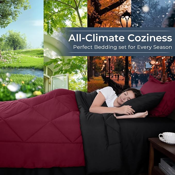 7-Piece Oversized King Comforter Set, Red & Black | Reversible, All-Season, Soft, 7 Piece Set, All-Season Reversible Bed in a Bag, Flat Sheet, Fitted Sheet, Pillowcases