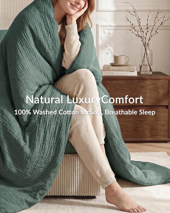 SE SOFTEXLY Muslin Duvet Cover California King Size, 100% Washed Cotton Duvet Cover Set, Ultra Soft Comforter Cover Linen Like, 3 Pieces Gauze Duvet Cover with 2 Pillowcases, 98"x104", Forest Green