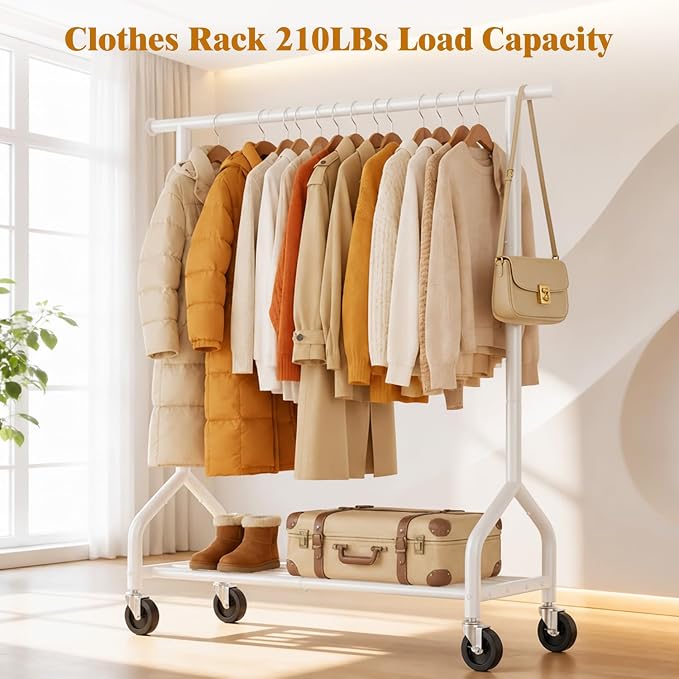 Rolling Clothes Rack with Shelf, Garment Rack Load 210Lbs, White | Sturdy Bottom Shelf, Lockable Wheels, Heavy Duty, Freestanding Rack, for Bedroom, Laundry, Small Spaces