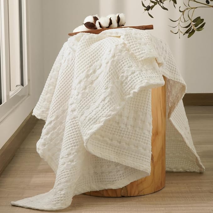 PHF Lightweight 100% Cotton Waffle Throw Blanket for Couch, Ivory | Pre-Washed Soft Cotton Comfort, Breathable Layering Warmth for Fall & Winter, Office, Travel, Sofa, Home Decor & Gifts