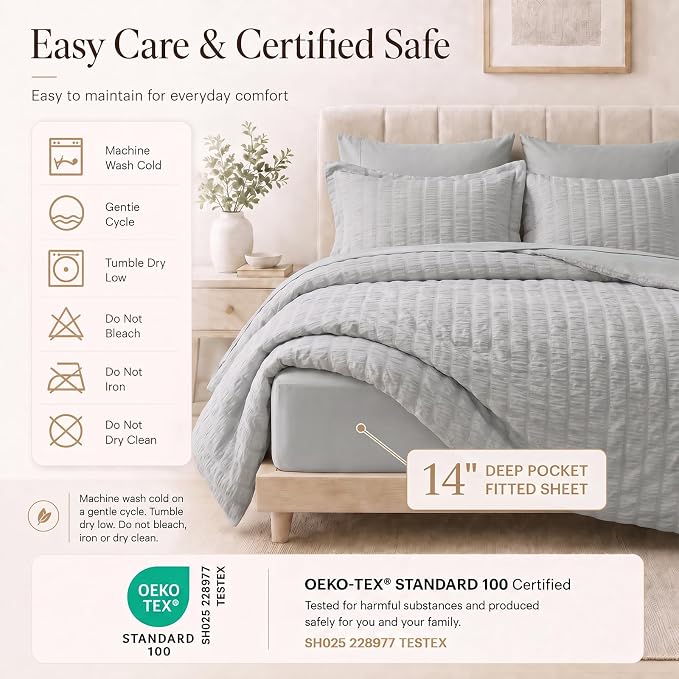 Queen Comforter Set, 7 Pieces Light Grey Seersucker Bed in a Bag | OEKO-TEX Certified, All Season Bedding Set with 240 GSM Down Alternative Comforter, Flat & Fitted Sheets, Pillowcases & Shams