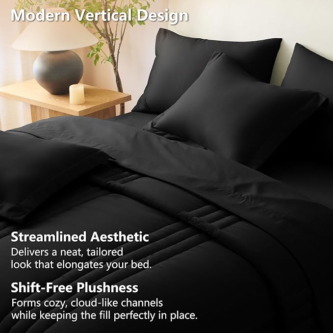 Queen Comforter Set Black - 7 Pieces Vertical Quilted Bed in a Bag | OEKO-TEX Certified, 240GSM Down-Alternative Comforter, 14" Deep-Pocket Sheets, Shams & Pillowcases, Lightweight