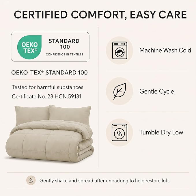 Full Size Comforter Sets Oatmeal - 7 Pieces Bed in a Bag | OEKO-TEX Certified, All-Season, Bedroom, Guest Room, Down-Alternative Comforter + Flat & Fitted Sheets + 4 Pillowcases