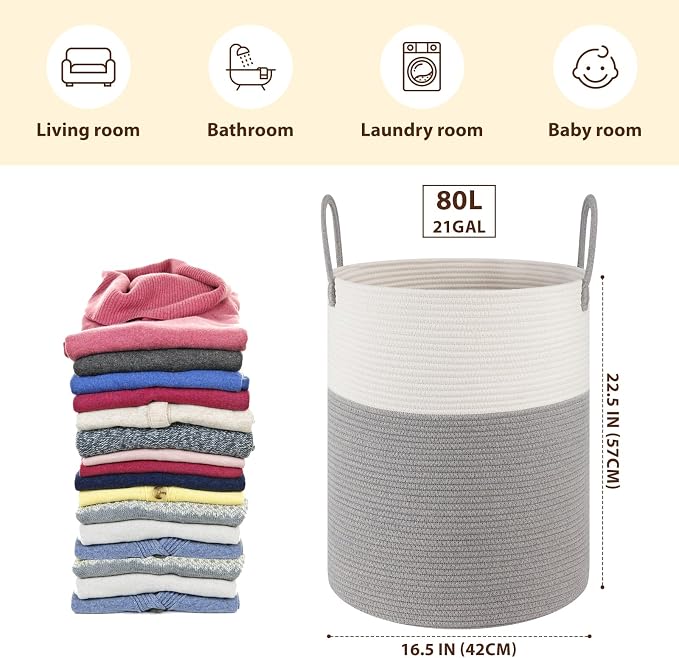 OIAHOMY 80L Nursery Hamper Laundry Basket Laundry Hamper Grey/White | collapsible Blanket Basket Cotton Rope Woven Basket Dirty Clothes Hamper Baby Hamper Tall Clothes Hamper with Handles