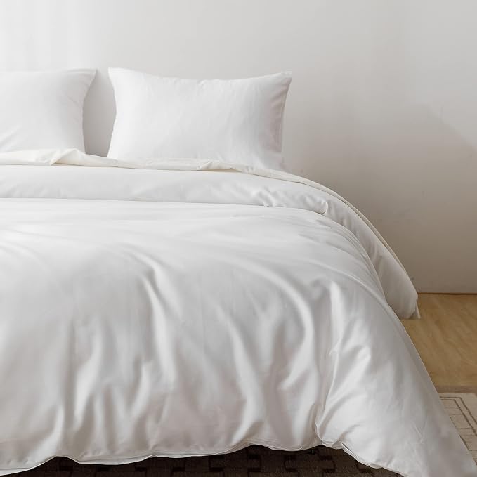 HeimenAogo Egyptian Cotton Duvet Cover Full Size Sateen Weave, Silky Soft and Breathable Bedding Set with Zipper Closure, Long Staple Cotton Bed Linen Pure White 3Pcs (80"×90")