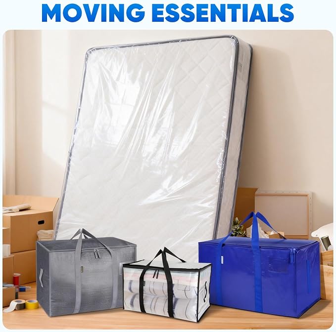TICONN 1PK Plastic Mattress Bags for Moving, Waterproof Mattress Cover | 3D Gusset Design, Tear Resistant & Dust Protection, Multiple Sizes /Thickness Options, Reusable Mattress Protector