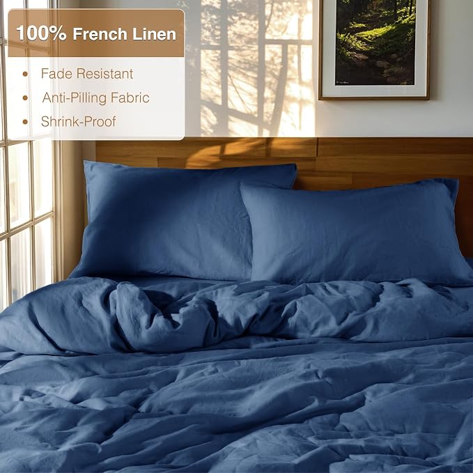 SONORO KATE 100% French Linen Queen Duvet Cover Set,Zipper Closure,3PC | Natural French Flax,Soft Breathable for Hot Sleepers,Moisture Wicking & Durable,4 Corner Ties,Navy Blue