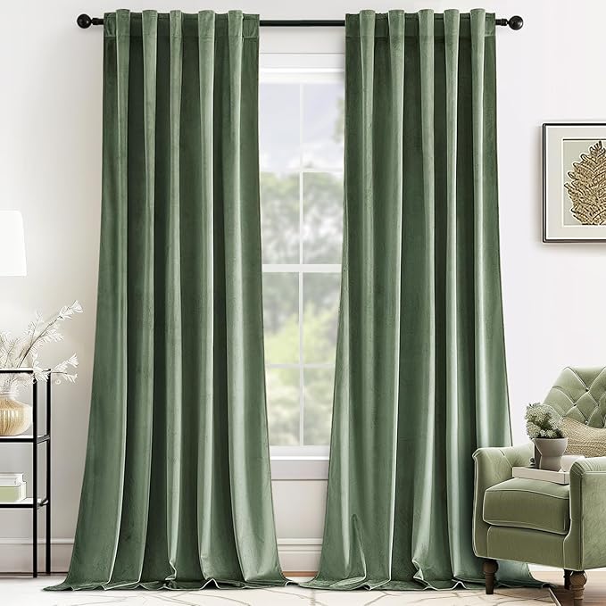 MIULEE Sage Green Velvet Curtains 52x84 inches Luxury Blackout Curtains | Thermal Insulated, Super Soft Window Drapes for Bedroom Living Room, Rod Pocket & Back Tab