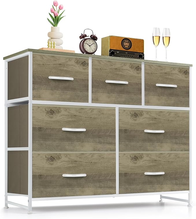 7-Drawer Dresser for Bedroom, Anti-Tip Wide Storage Organizer Fabric | Chest of Drawers TV Stand for 45" TV with Wooden Top and Metal Frame for Closet, Living Room, Hallway, Entryway, Greige Oak